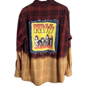 Reworked KISS Rock Band Flannel denim bleached reworked XL
